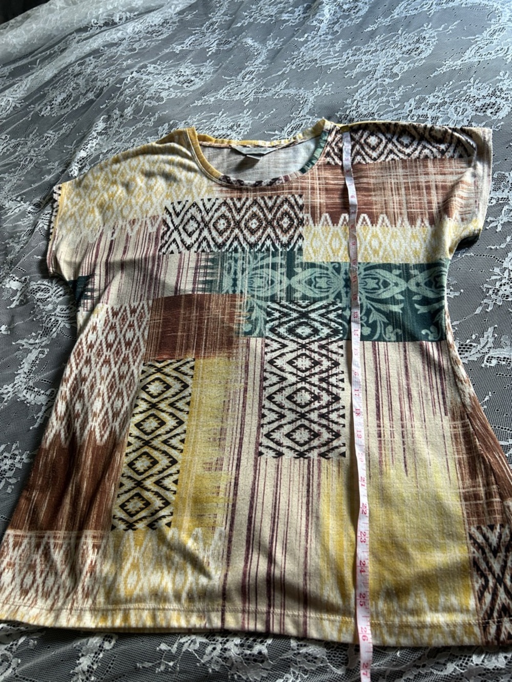 Christopher & Banks Patterned Crew Neck Women’s Shirt in Yellow, Brown & Green. - Picture 3 of 4
